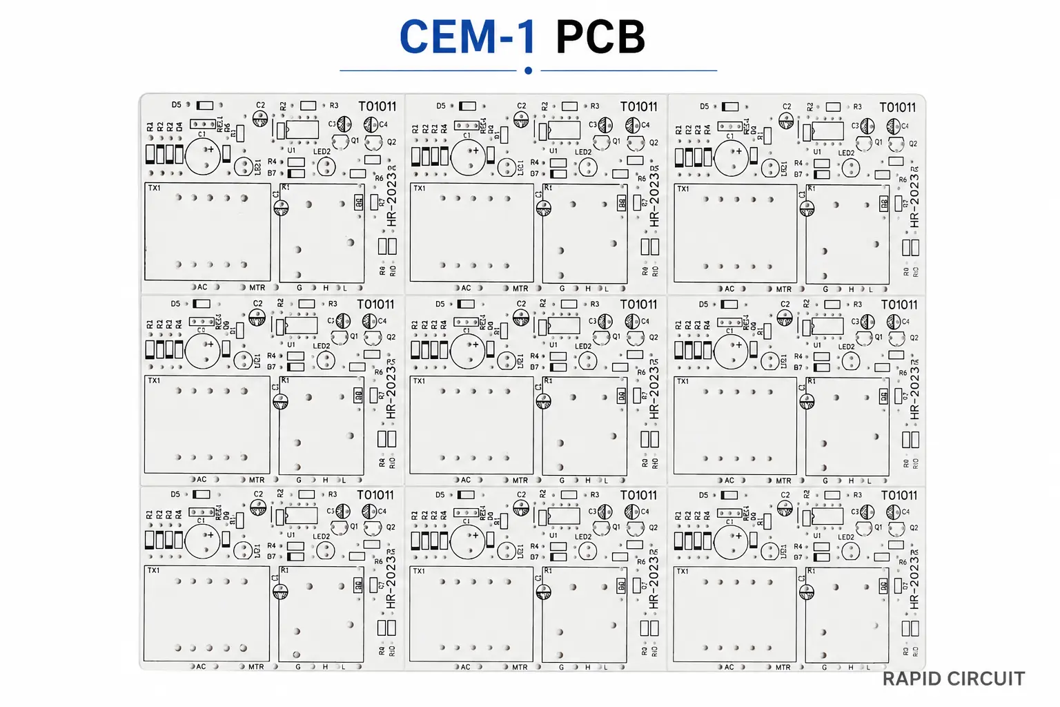 CEM-1 PCB board with copper circuit traces, component mounting holes, and electronic connection points.