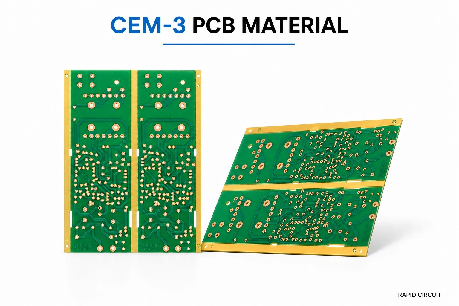 CEM-3 PCB board with copper circuit traces and precision-drilled mounting holes.
