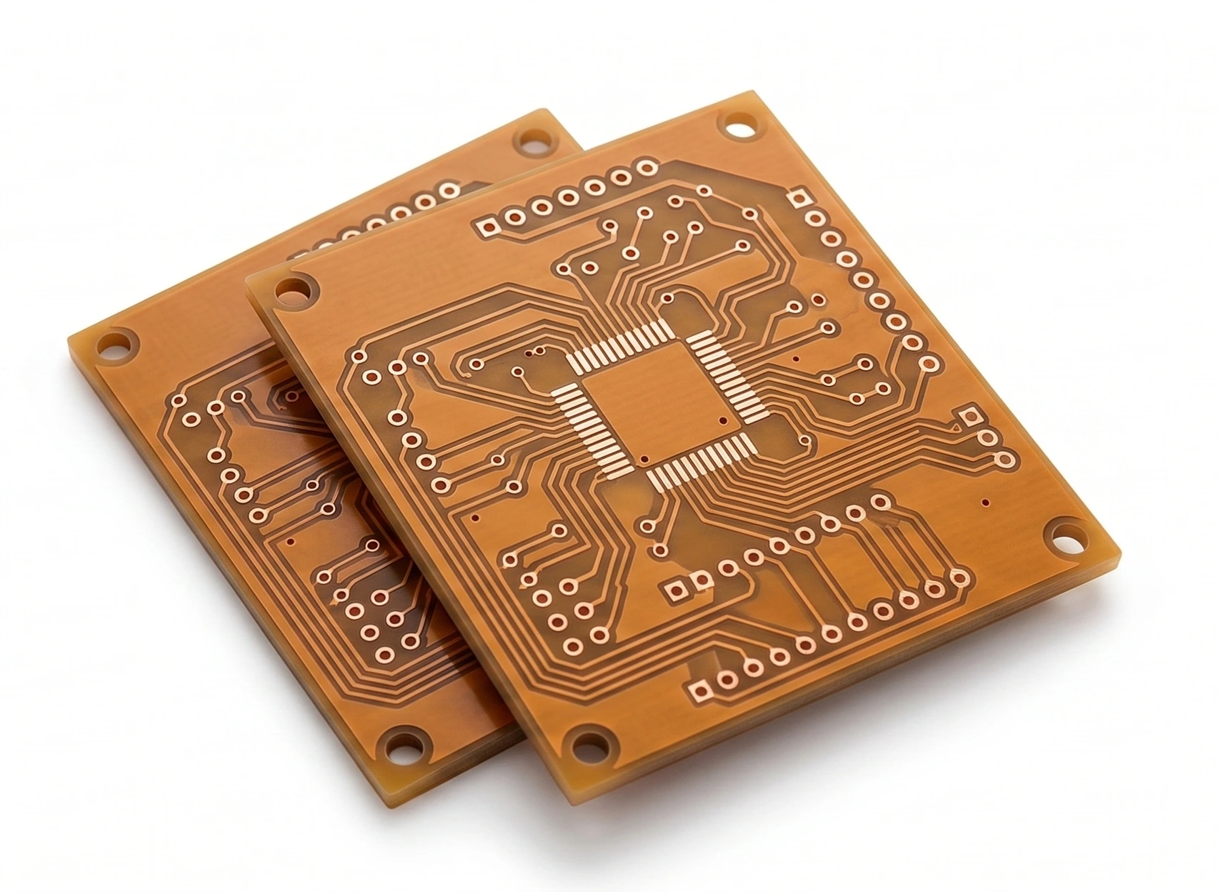 FR-1 PCB material with copper foil and paper-based phenolic substrate.