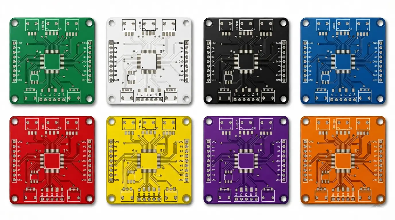 Eight colored square PCB boards arranged in two rows of four, featuring central square chip footprints and edge connectors (green, white, black, blue, red, yellow, purple, orange).