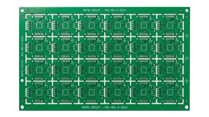 Green PCB prototype panel with multiple identical boards showing surface-mount pads and component footprints; label reads 'RAPID CIRCUIT – PNL-REV A-2024'.