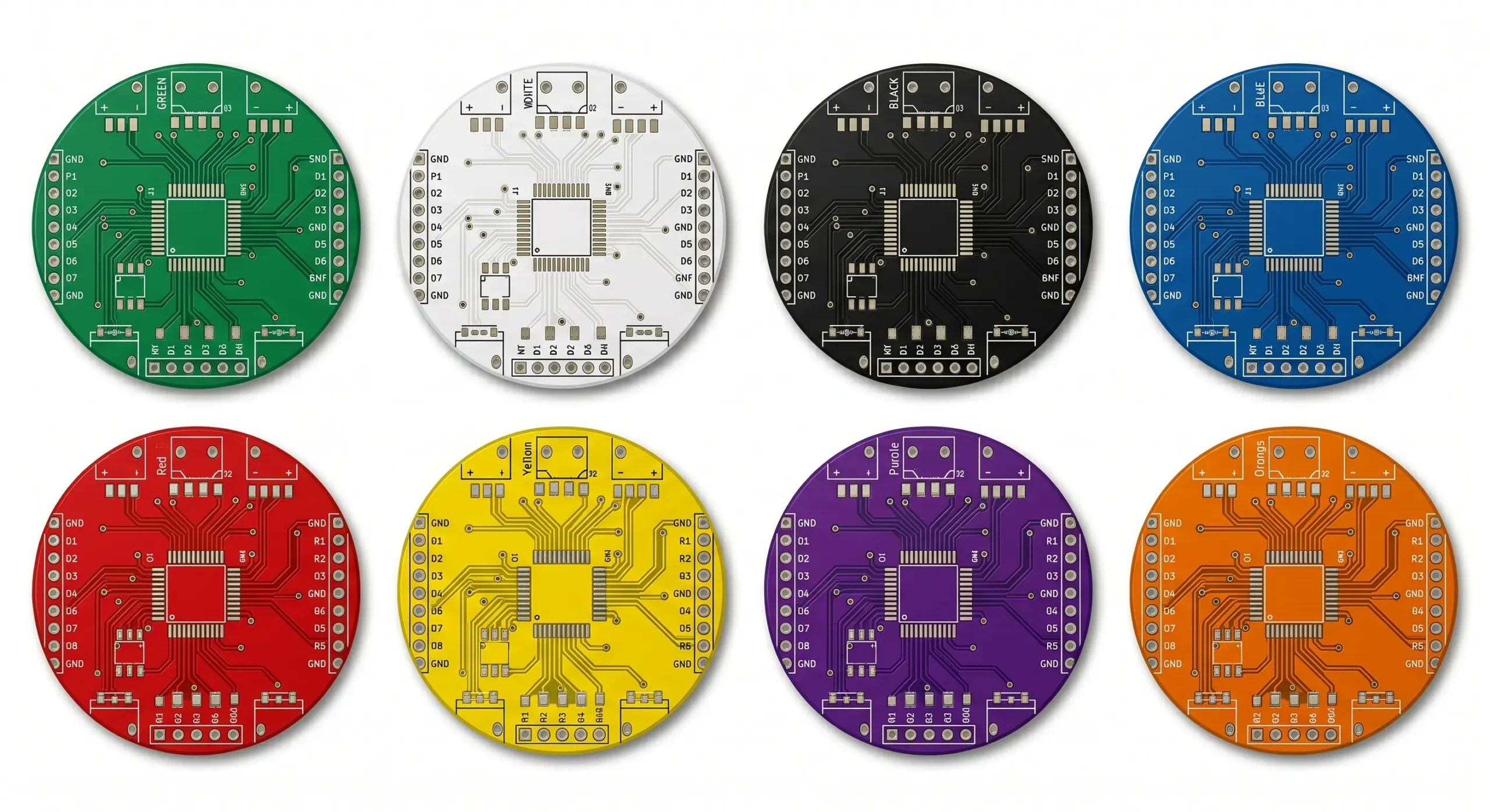 Row of colorful circular circuit boards with central chips arranged in a grid pattern (green, white, black, blue, red, yellow, purple, orange).