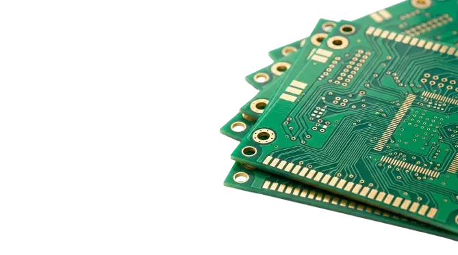 Stack of green printed circuit boards with gold edge connectors, viewed from a angled side.