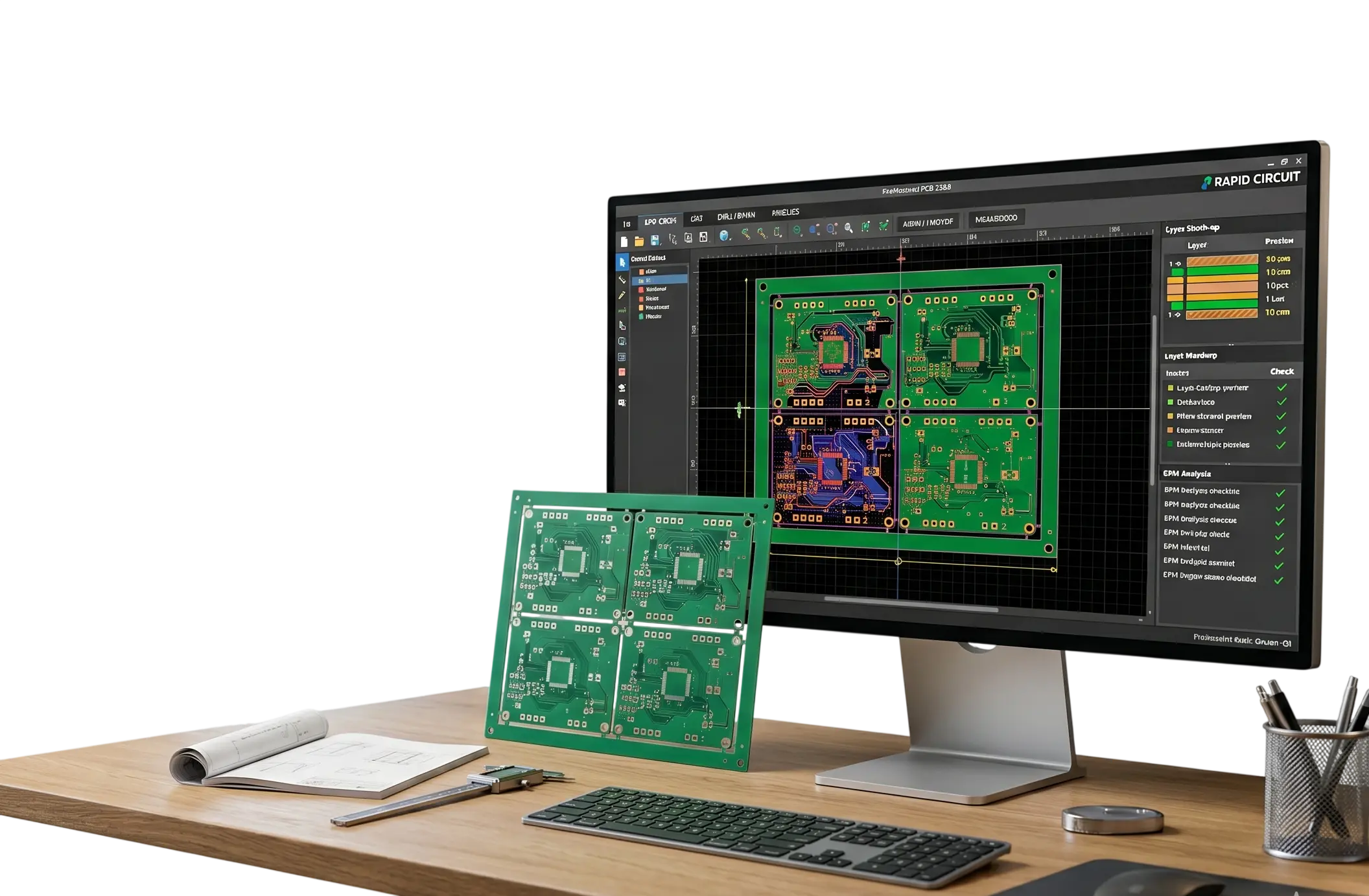 Professional PCB CAM design services showing PCB panelization, circuit board layouts, and CAM software.