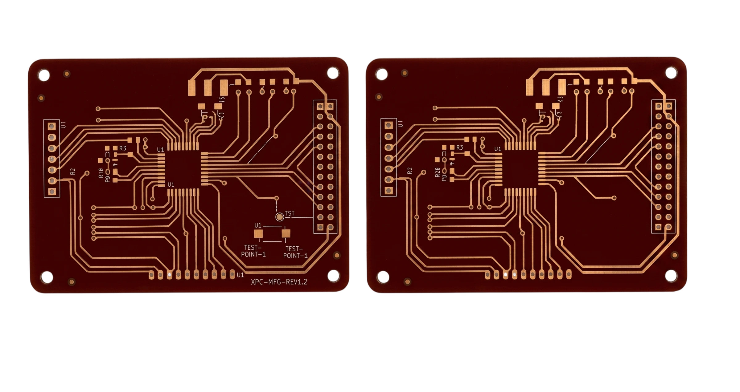 XPC PCB board with copper circuit traces and precision-drilled mounting holes.