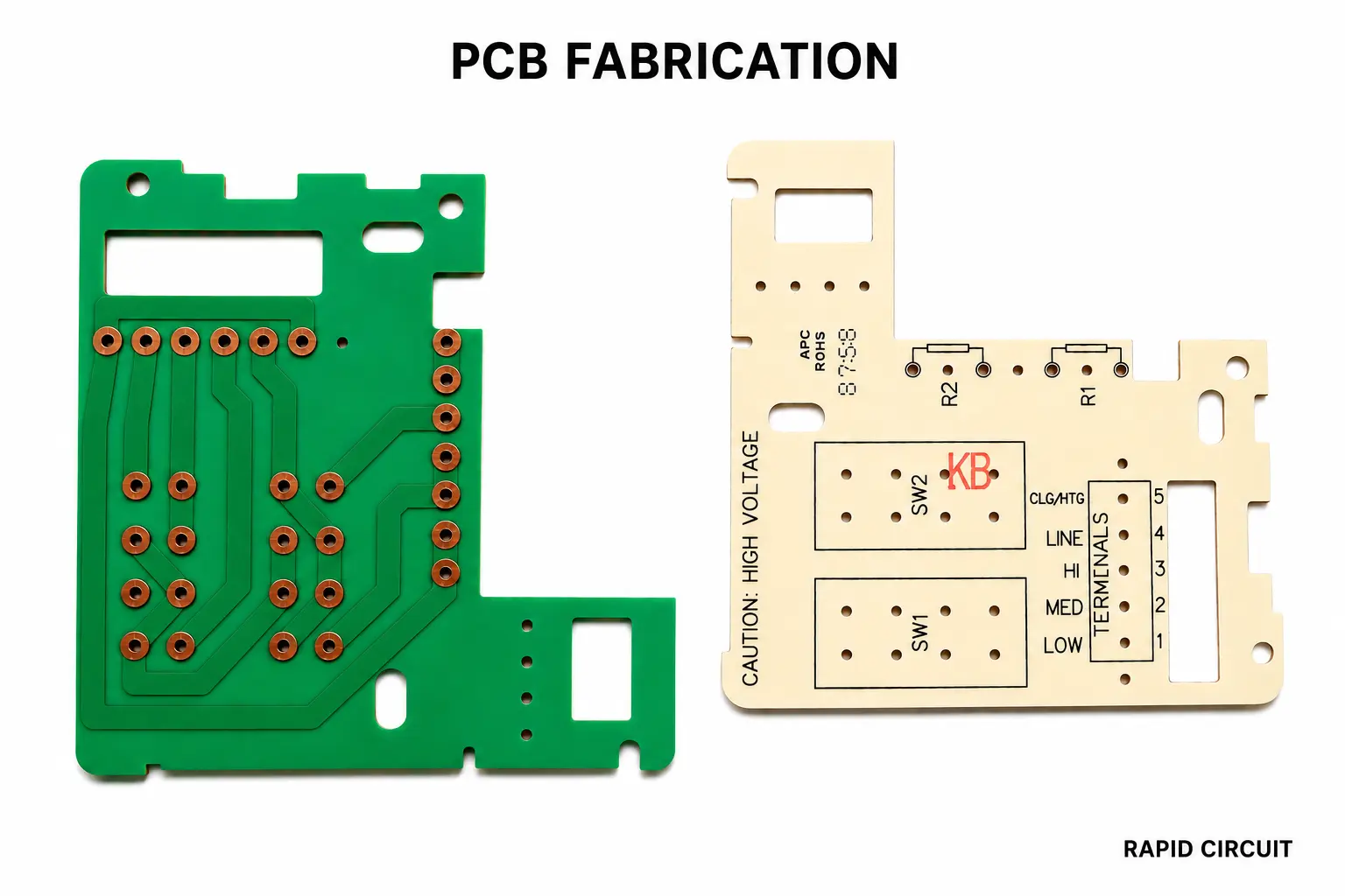 CEM-1 PCB fabrication with copper circuit traces and precision-drilled holes.
