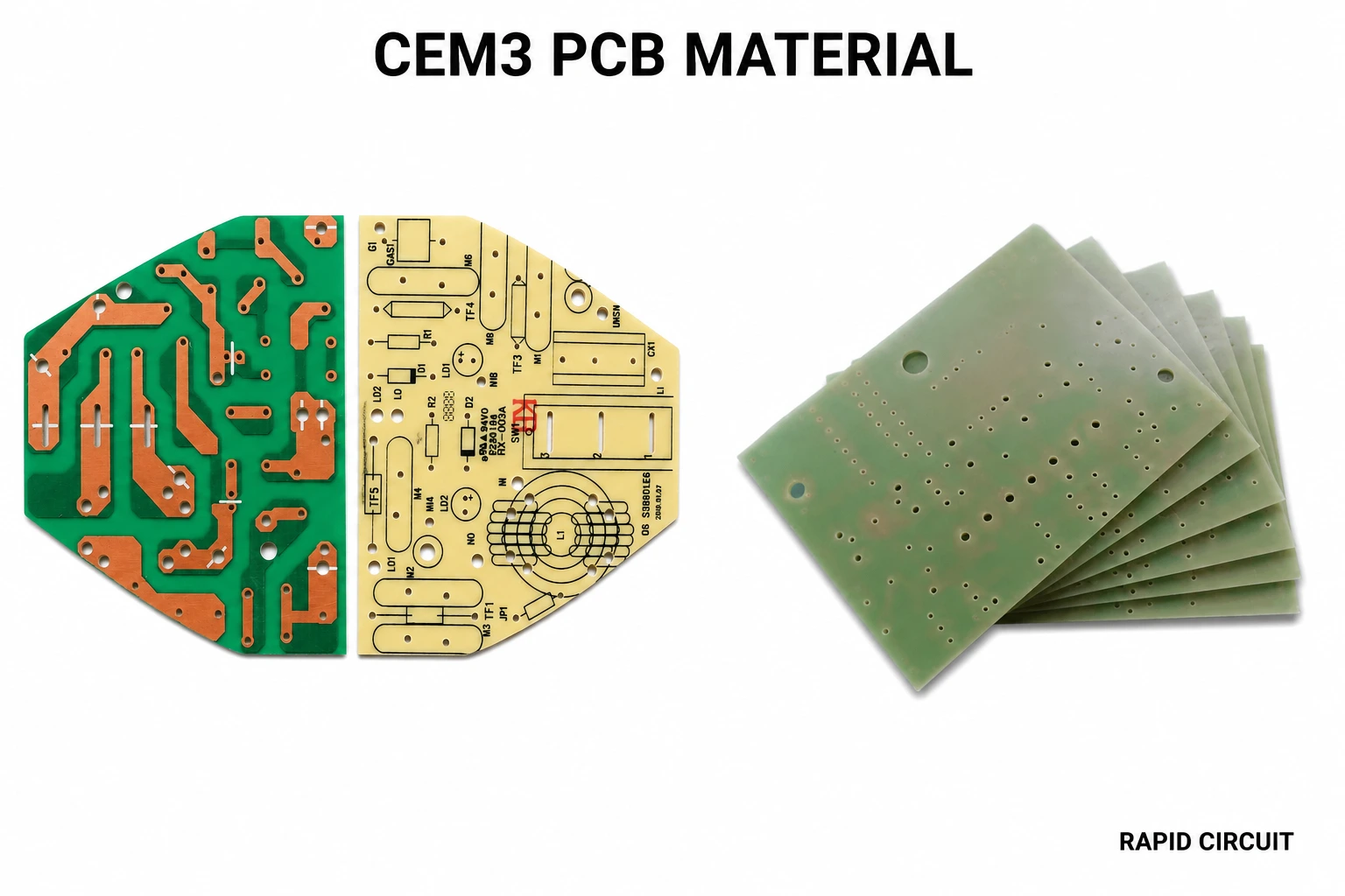 CEM-3 PCB material with glass fiber, epoxy resin, and copper foil.