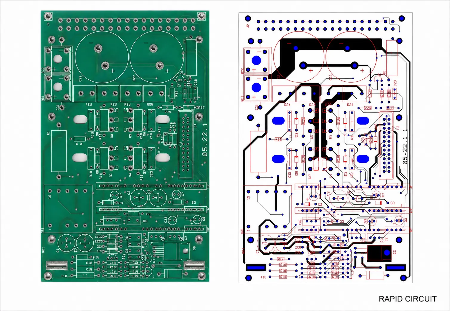 PCB prototype board and circuit layout showing the physical PCB alongside its detailed routing and component design.