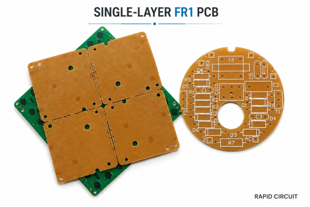 Single-layer FR-1 PCB with copper traces and precision-drilled mounting holes.