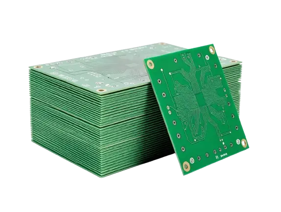 Stack of green printed circuit boards (PCBs) with visible traces and gold-plated holes, one board leaning against the stack
