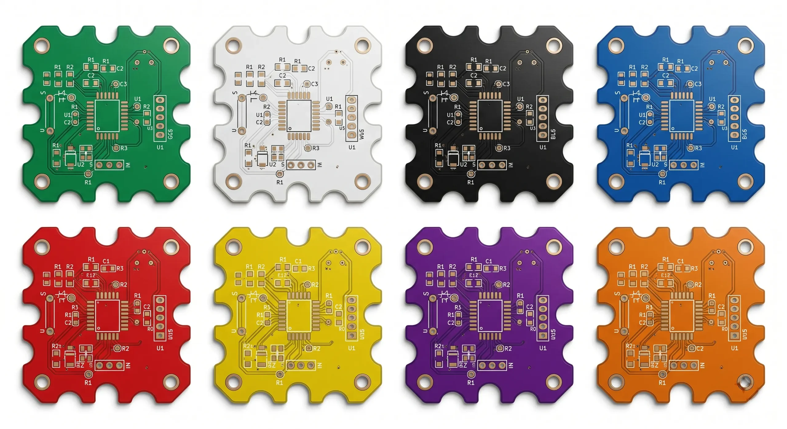 Row of color-coded circuit boards with scalloped edges in green, white, black, blue, red, yellow, purple, and orange colors arranged in a grid.