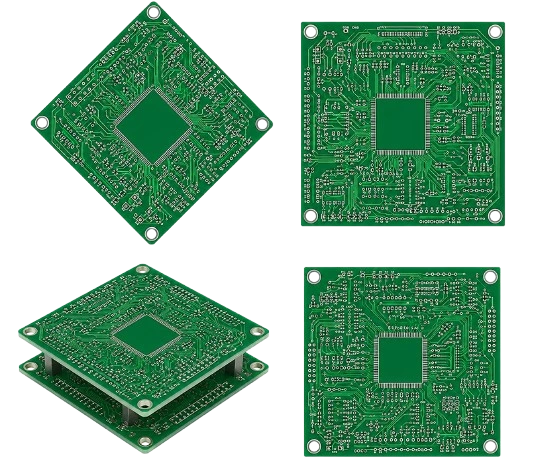 Four green square PCBs with a central square pad, visible traces, and corner mounting holes; shown in top and angled views.