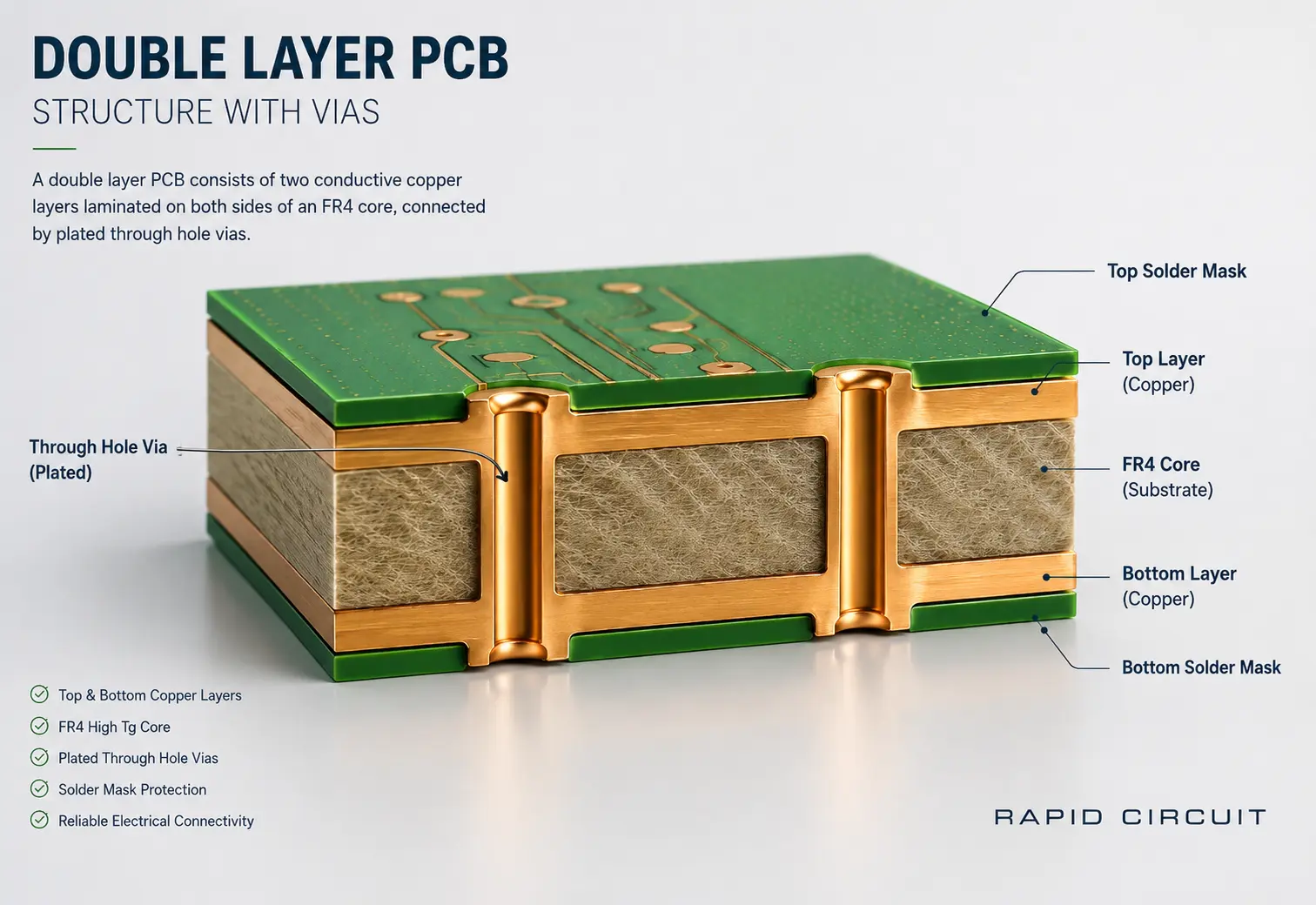 Cross-section diagram of a double-layer PCB showing the top copper and bottom copper layers, FR4 core, solder masks, and plated through-hole vias labeled.