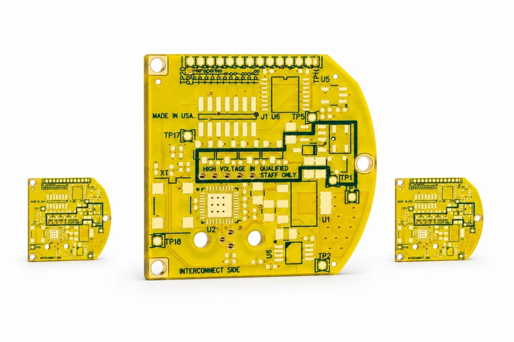 dvanced PCB manufacturing service featuring a precision-engineered yellow circuit board with high-frequency circuitry and component pads.
