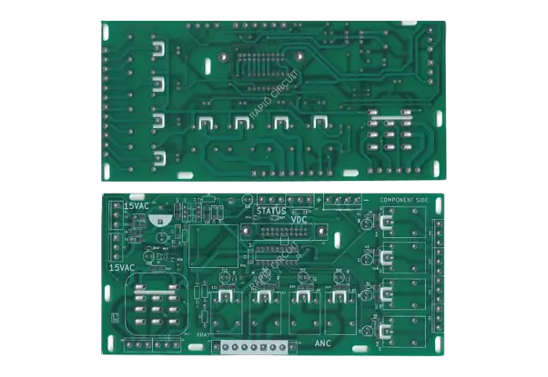Double-sided PCB showing component and solder sides with circuit traces