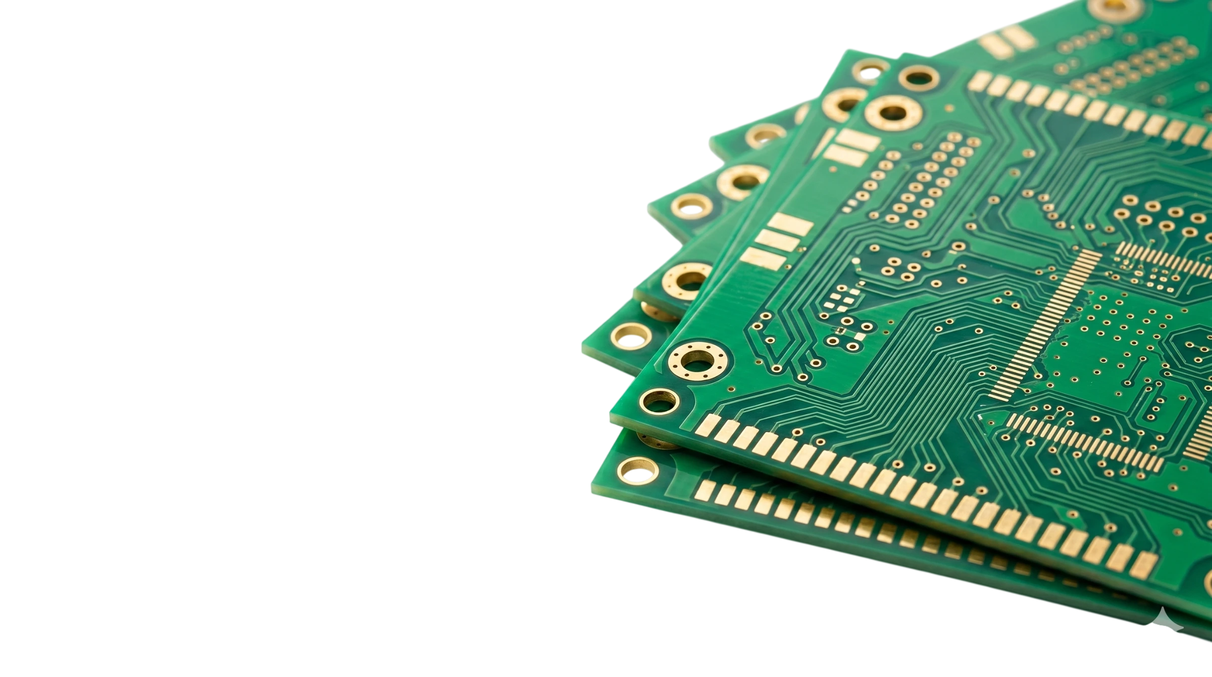 Stack of multilayer PCB boards showing multiple circuit layers, copper traces, vias, and electronic connection points.