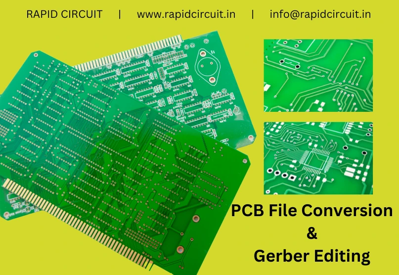 PCB file conversion and Gerber editing service showing green printed circuit boards and detailed circuit traces.