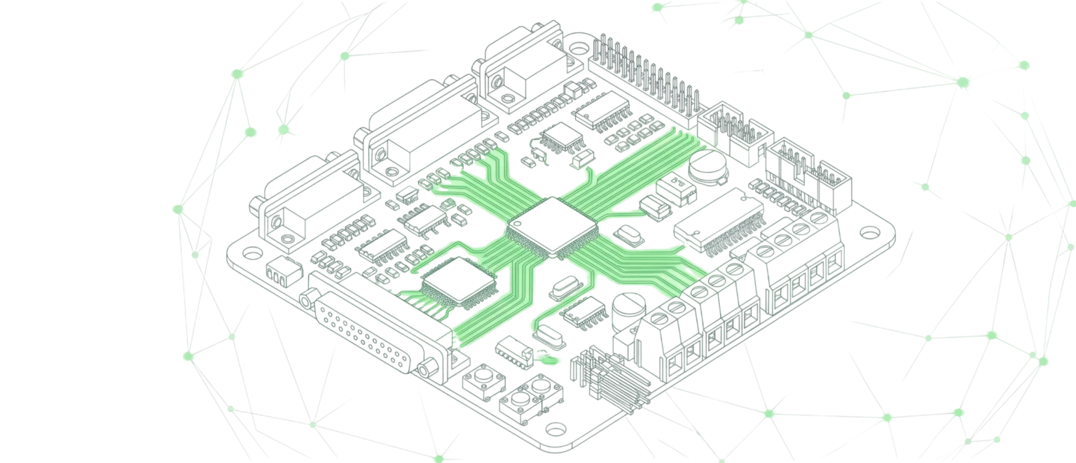 PCB layout design showing circuit traces and electronic board components