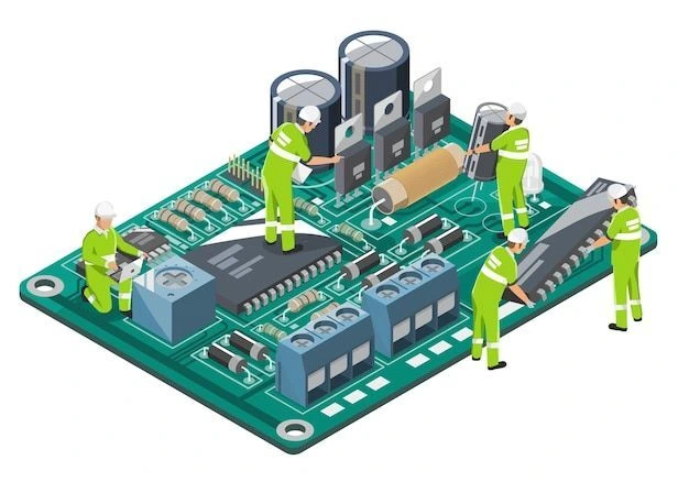 PCB manufacturing services illustrated with engineers working on a printed circuit board and electronic components.
