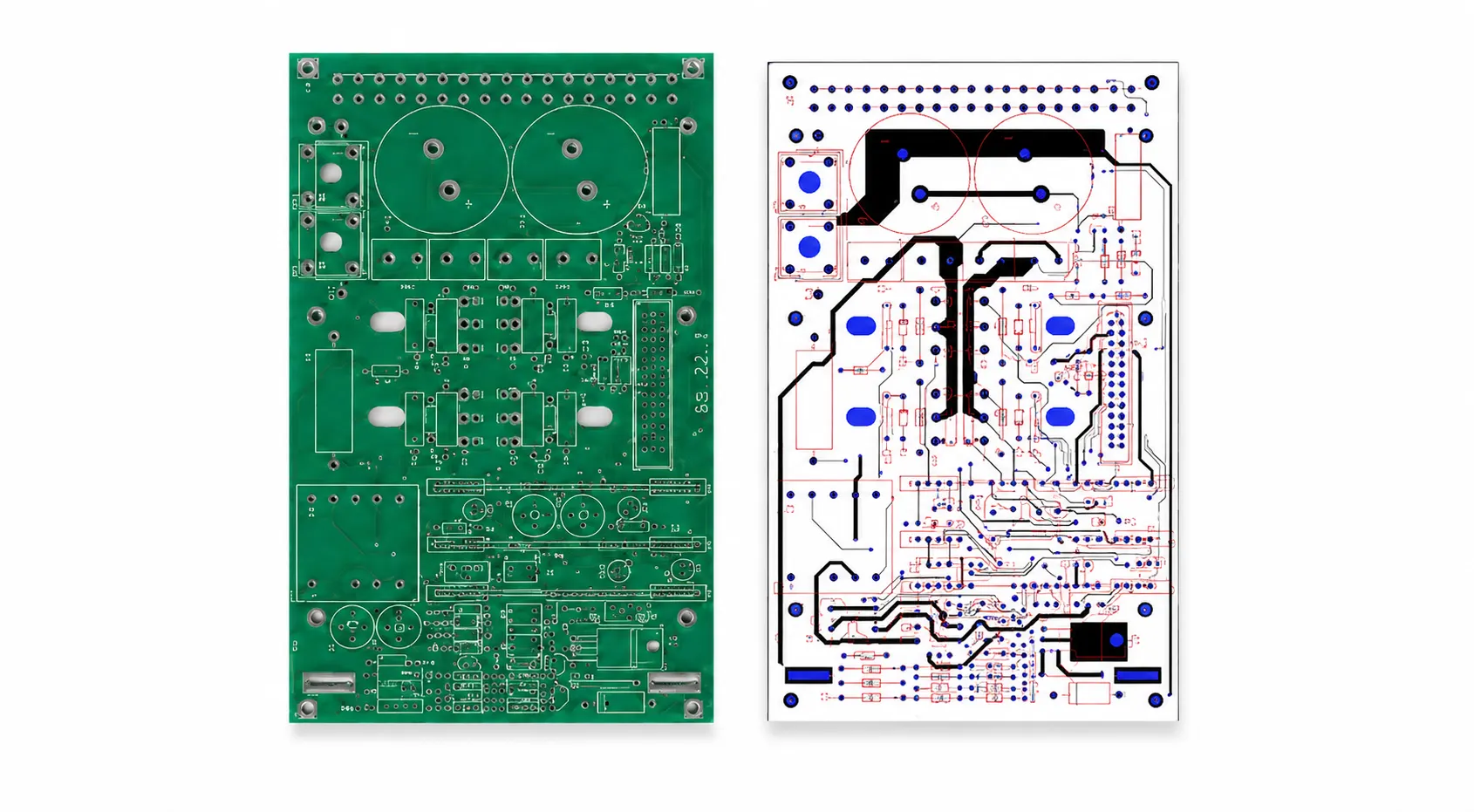 PCB prototype board and circuit layout showing the physical PCB alongside its detailed routing and component design.